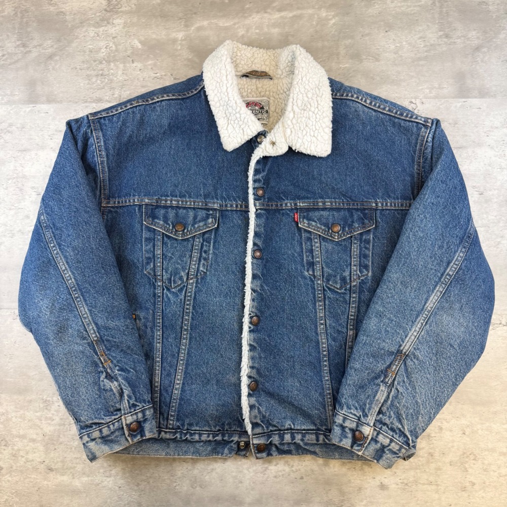 Levis Authentic Sherpa Lined Denim Trucker Jacket Blue XL Vintage Style Mens